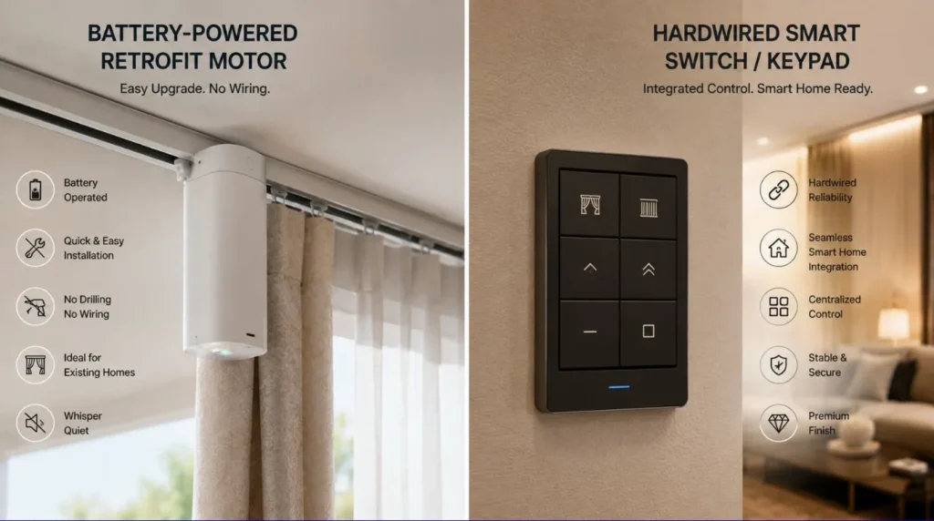 A wireless battery motor attached to a curtain track to Add Motors to Existing Curtains.