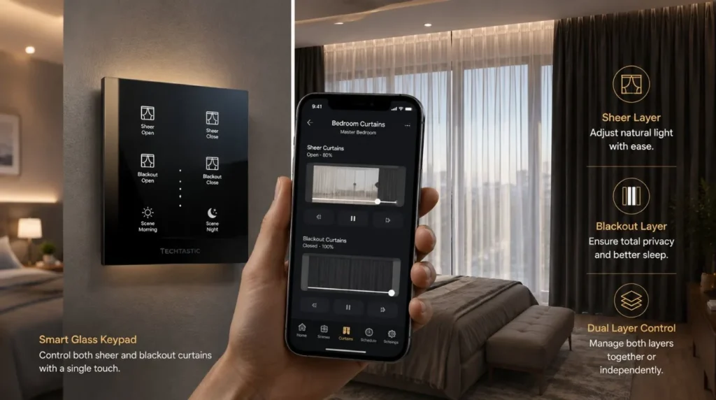 A sleek smart keypad and smartphone app controlling drapery to demonstrate the Best Motorized Curtains for Bedrooms.