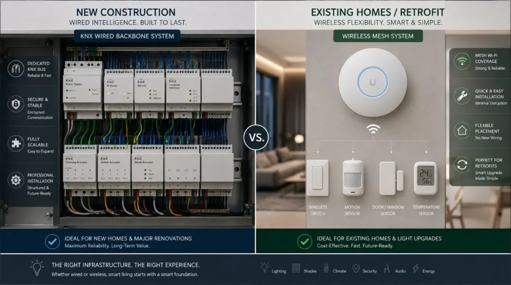 A side-by-side comparison showing wired KNX panel vs wireless router in a Smart Home Automation Setup.