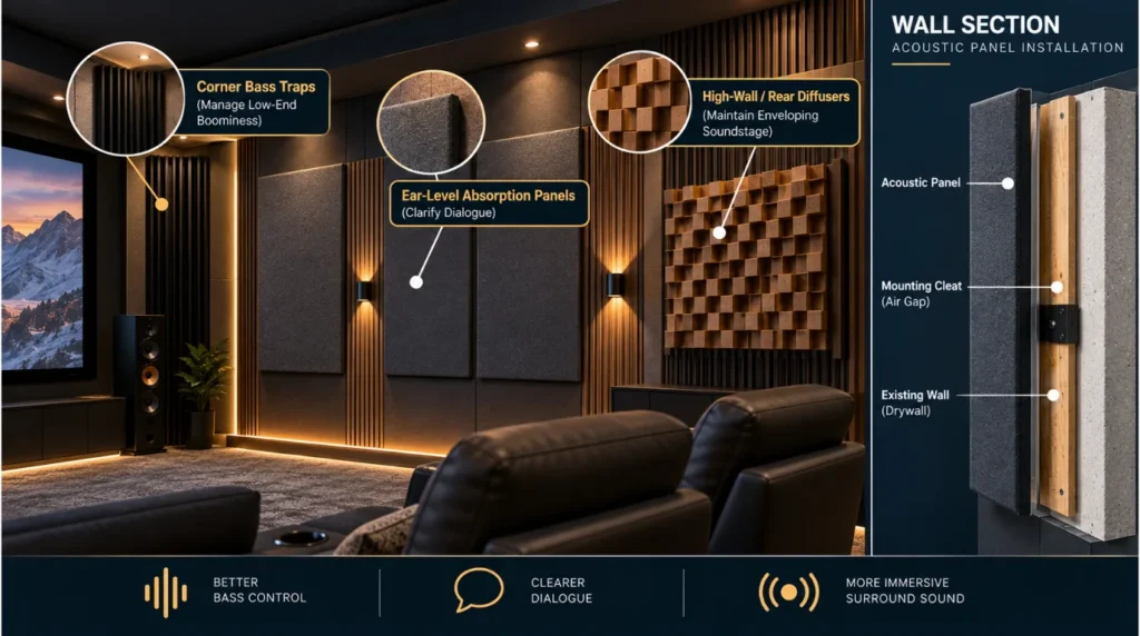 Wall cross section diagram displaying absorption panel, corner bass trap, and diffuser placement for room acoustics for home theater