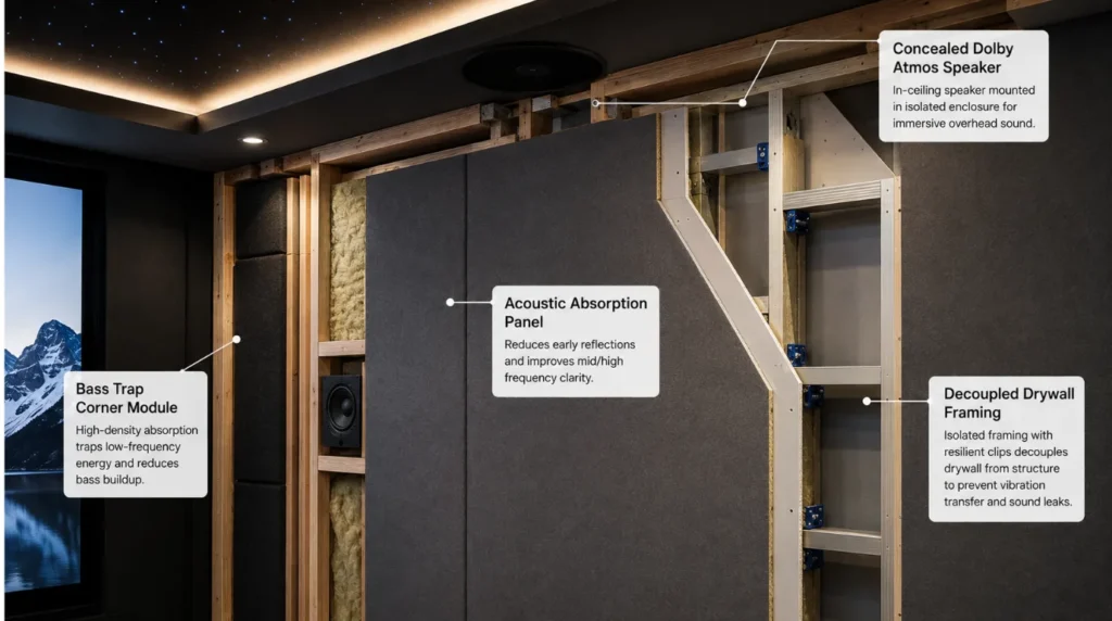 Wall cutaway displaying acoustic insulation and Dolby Atmos speaker placement for the ideal room size for a home theater
