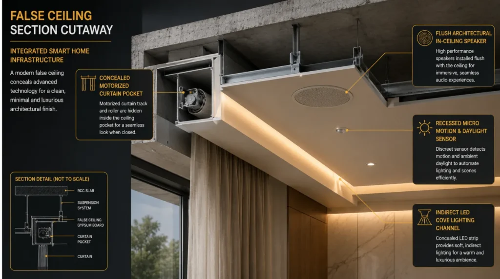 Architectural cutaway diagram displaying recessed speakers and hidden curtain tracks harmonizing home automation and interior design