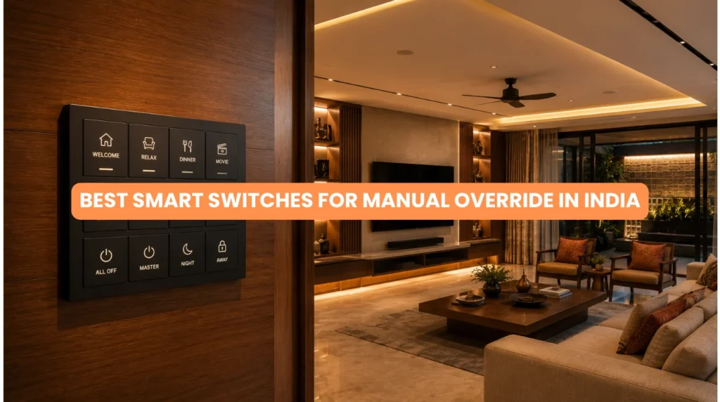 Elegant Indian interior with sleek wall control panel showcasing smart switches for manual override in India