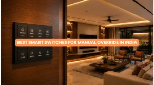 Elegant Indian interior with sleek wall control panel showcasing smart switches for manual override in India