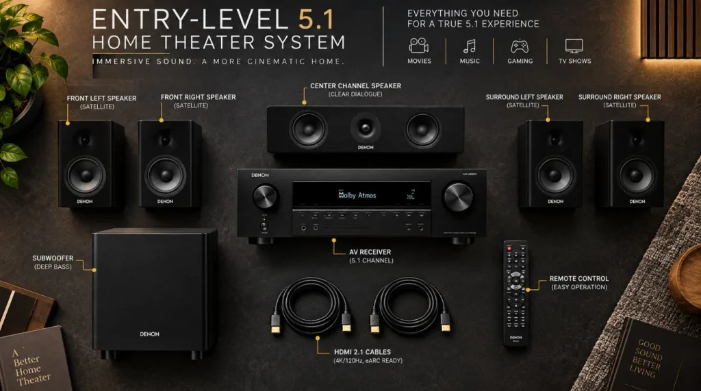Essential components including AV receiver, speakers, and subwoofer included in the Budget For A Basic Home Theater Setup.