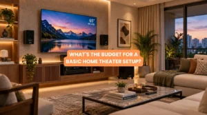 Budget For A Basic Home Theater Setup showing a modern living room with a 4K TV, 5.1 surround speakers, and an AV receiver