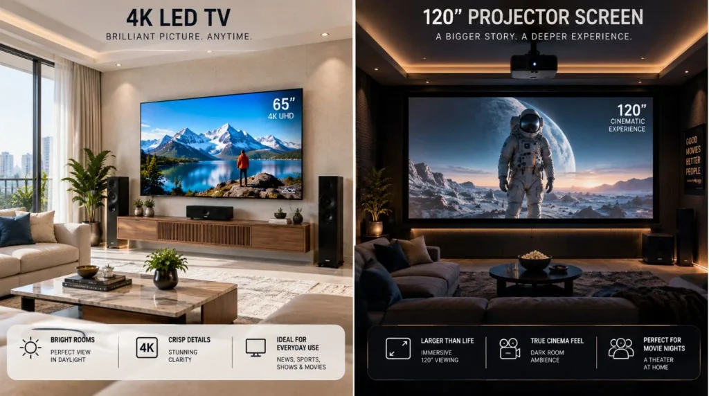 Comparison of a large 4K TV and a projector screen setup when planning the Budget For A Basic Home Theater Setup.