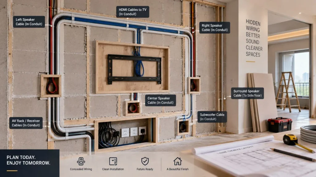 In-wall conduit and speaker cable planning during interior construction for a Budget For A Basic Home Theater Setup.