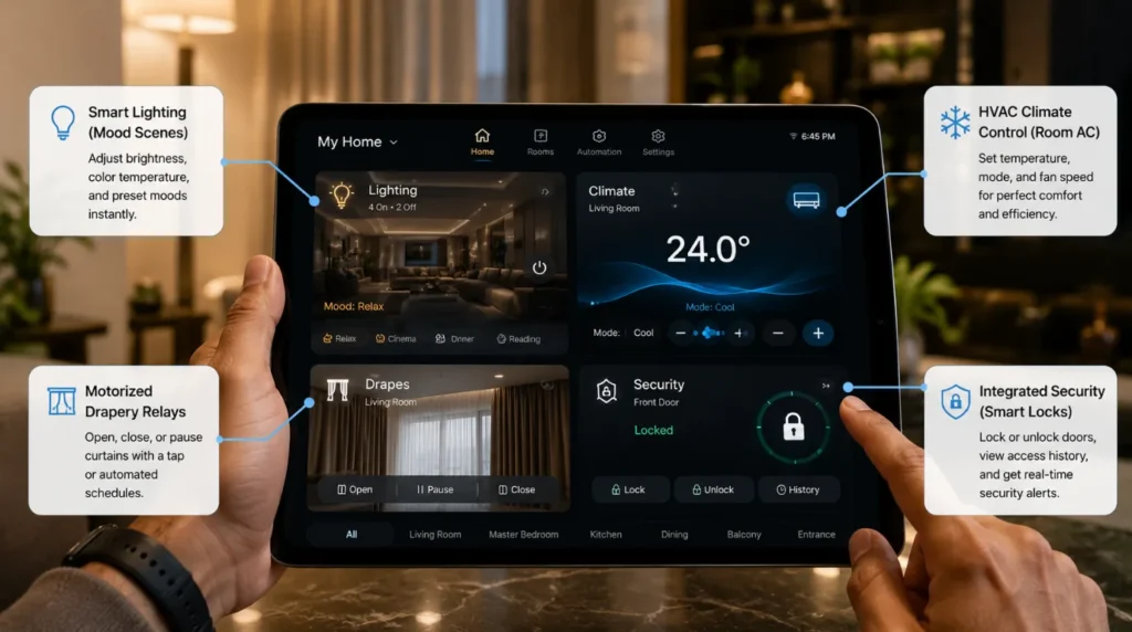Smart tablet screen displaying scene callouts and room controls for the best automation system for Indian homes