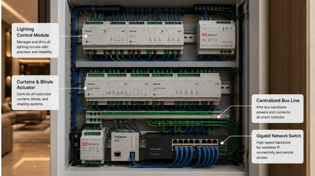 Organized distribution panel with labeled actuators representing the best automation system for Indian homes