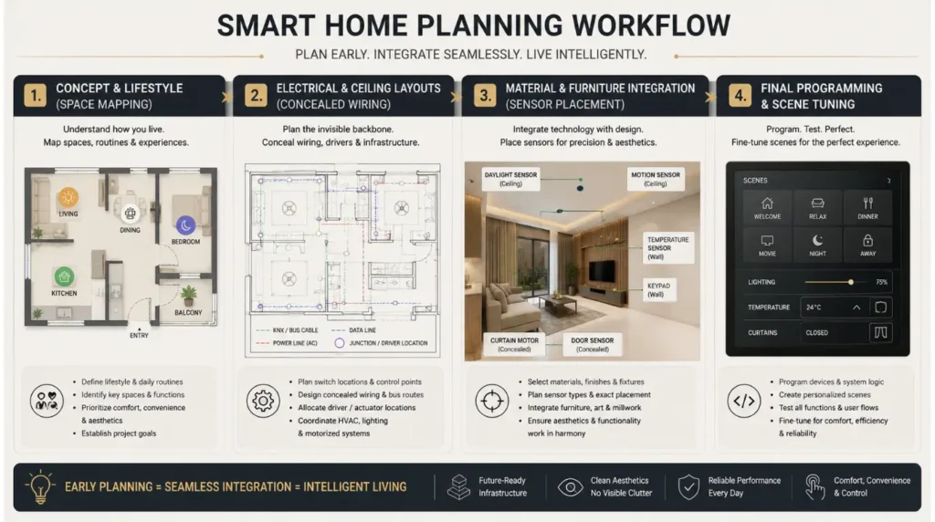 Educational workflow diagram outlining early planning steps for coordinating home automation and interior design