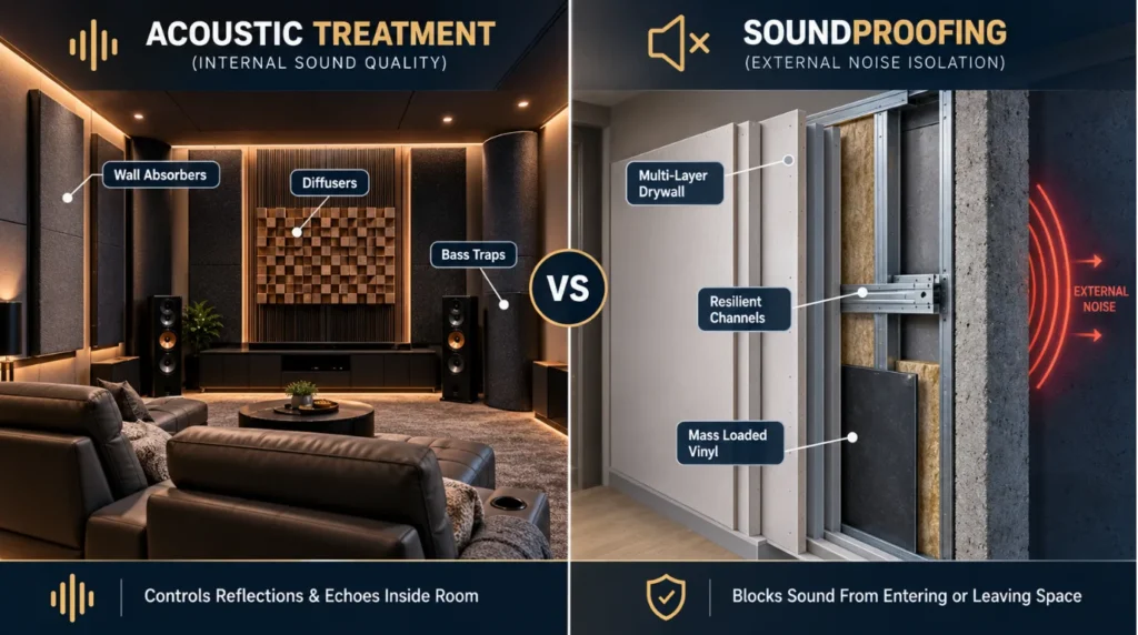 Side by side diagram highlighting difference between acoustic treatment for sound quality and soundproofing for noise isolation in room acoustics for home theater