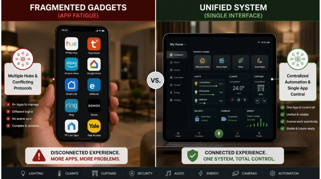 Side by side comparison graphic of multiple fragmented apps versus a unified touch panel to explain the main disadvantages of home automation