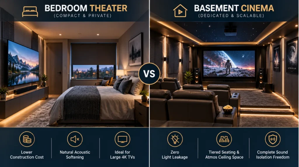 Comparative infographic detailing space light control acoustic potential and cost factors for home theater in bedroom or basement