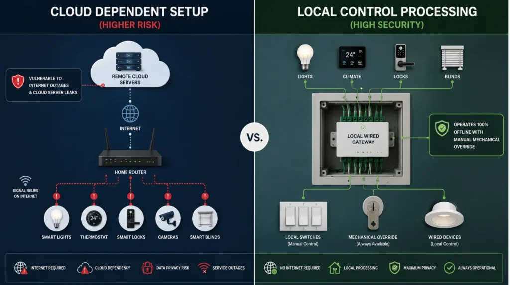 Side by side comparison graphic of cloud dependent devices versus offline local control showing why is home automation safe