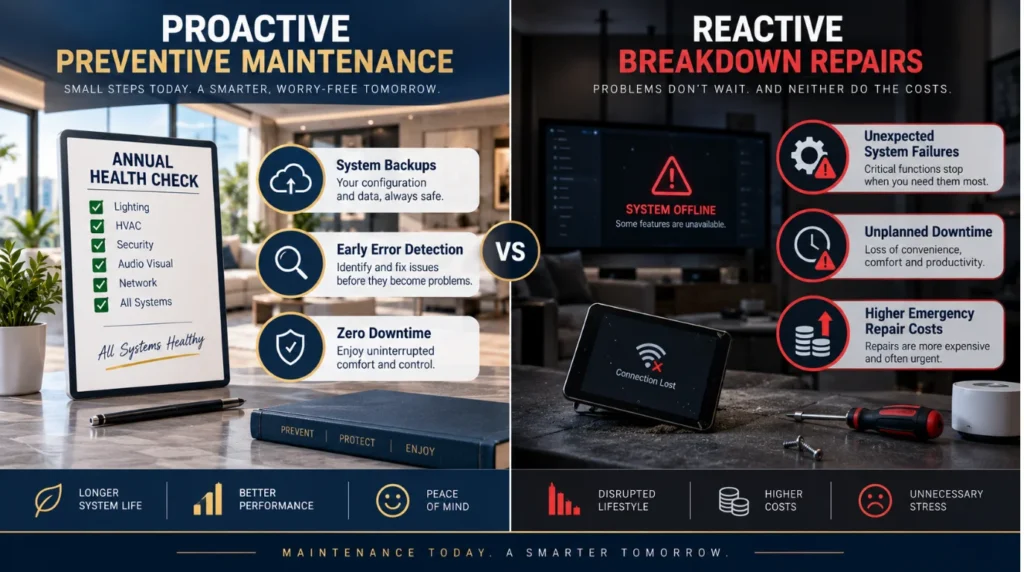 Side by side diagram comparing proactive preventive home automation maintenance with reactive emergency repairs