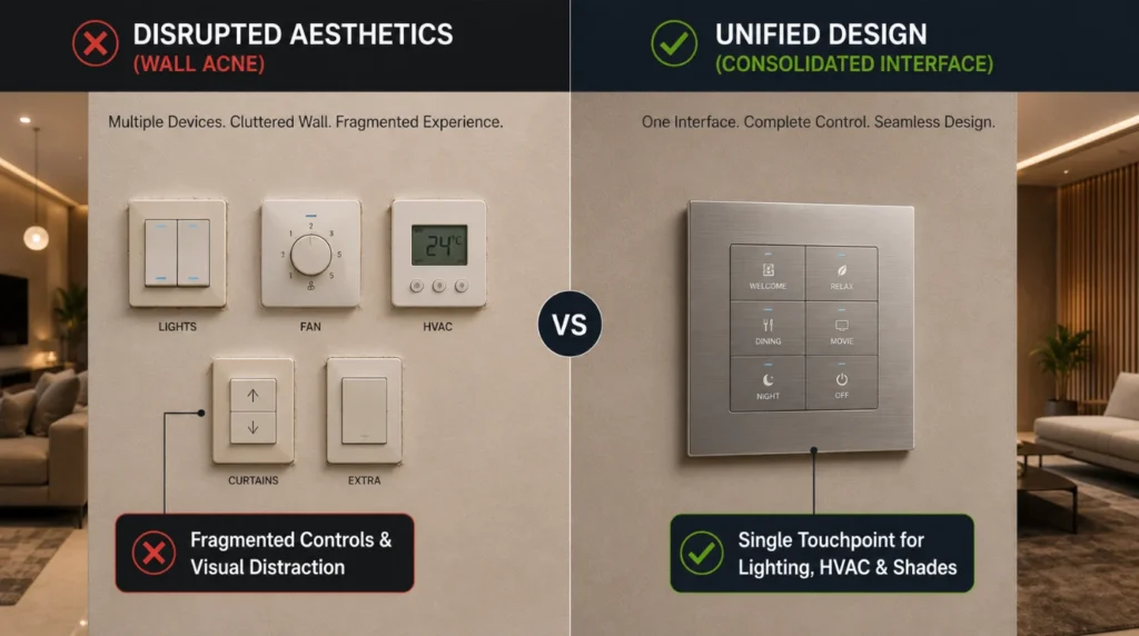 Side by side comparison of cluttered switch banks versus a single elegant keypad illustrating home automation and interior design integration