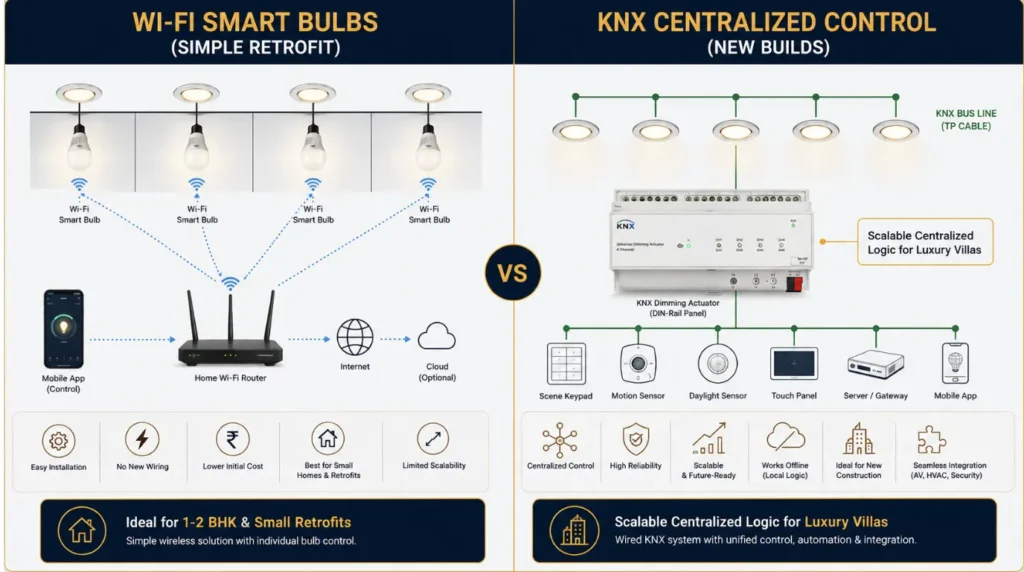 System comparison graphic showing independent Wi-Fi smart bulbs versus wired KNX lighting panels for smart lights for indian homes