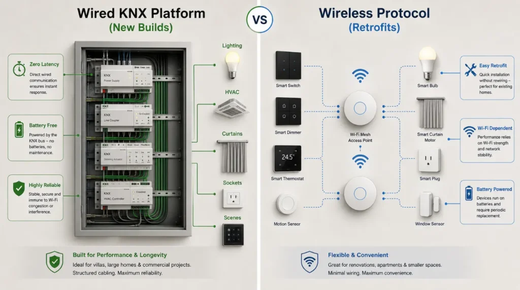 Labeled comparison graphic between wired KNX architecture and wireless mesh network for home automation systems for Navi Mumbai