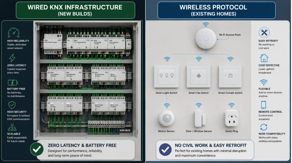 Side by side comparison graphic of wired KNX distribution and wireless mesh networks for the best automation system for Indian homes