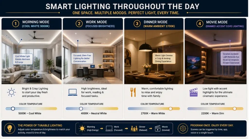 Four panel graphic displaying morning work dinner and movie scene lighting settings for smart lights for indian homes