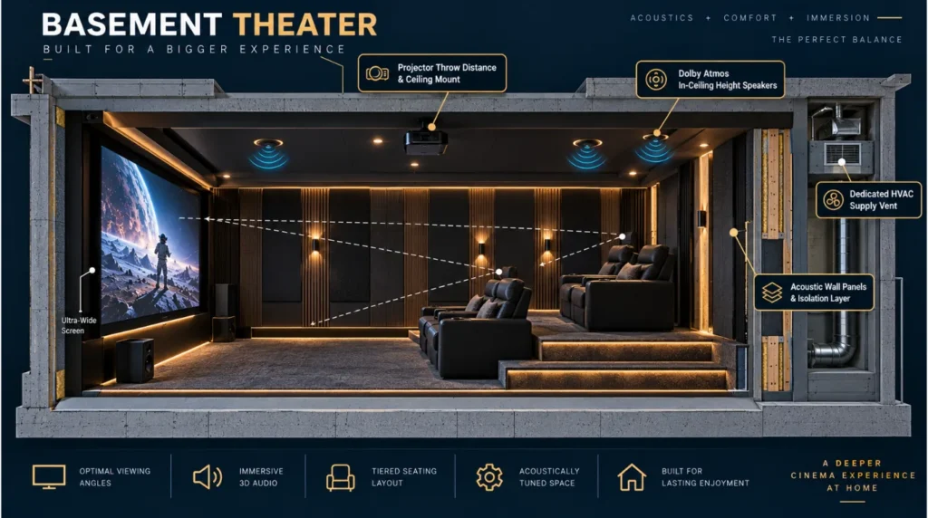 Cross section architectural diagram displaying projector throw distance and Dolby Atmos speaker angles for home theater in bedroom or basement