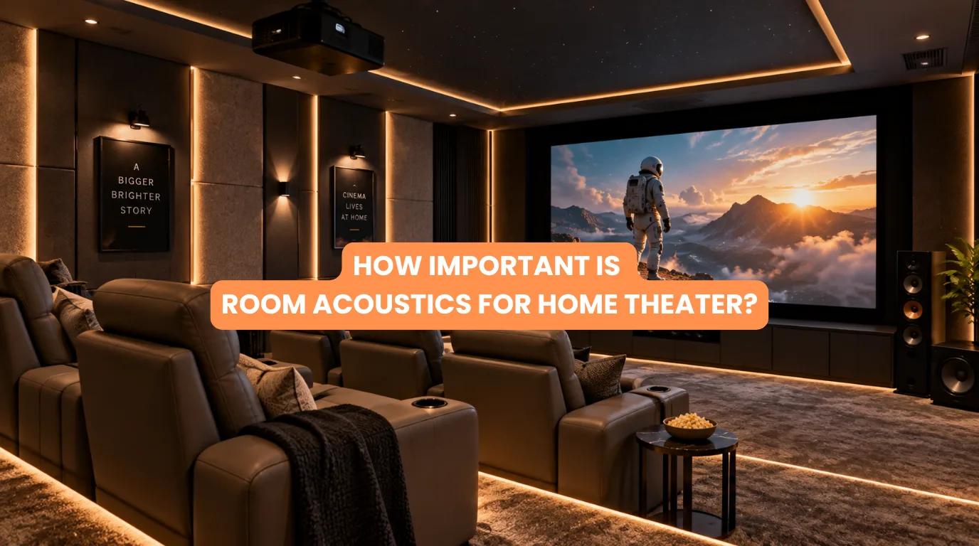 Luxury residential cinema room featuring fabric wall panels and concealed ceiling speakers showcasing room acoustics for home theater