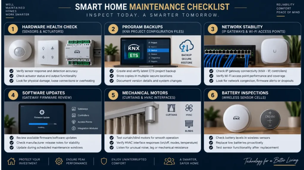 Labeled infographic detailing six essential system checks included in professional home automation maintenance