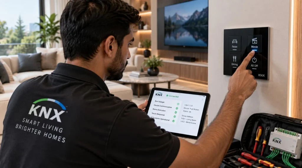 Certified technician testing a KNX wall touch panel for Home Automation Warranty and after-sales support.