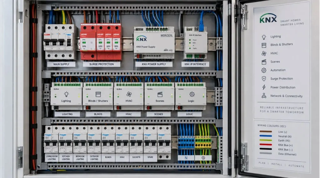Well-organized smart home electrical distribution cabinet with DIN rail actuators protected under Home Automation Warranty.