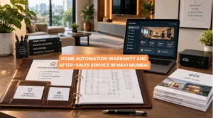 Home Automation Warranty documents and commissioning handover files on a desk next to a smart home setup in Navi Mumbai
