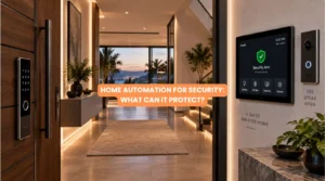 Home Automation for Security showcasing integrated smart door locks, video door phones, motion sensors, and lighting controls