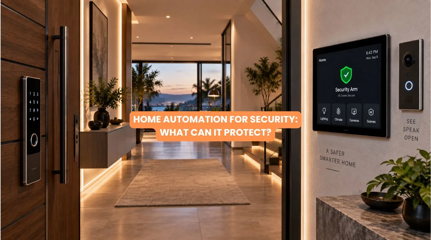 Home Automation for Security showcasing integrated smart door locks, video door phones, motion sensors, and lighting controls