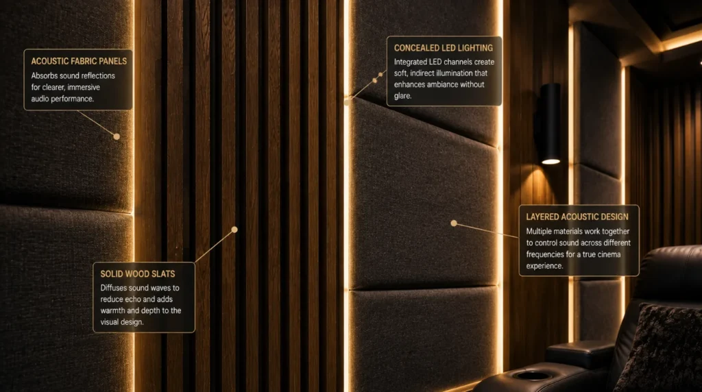 Fabric acoustic wall paneling and bass traps optimizing audio in the cost to build a dedicated home theater room