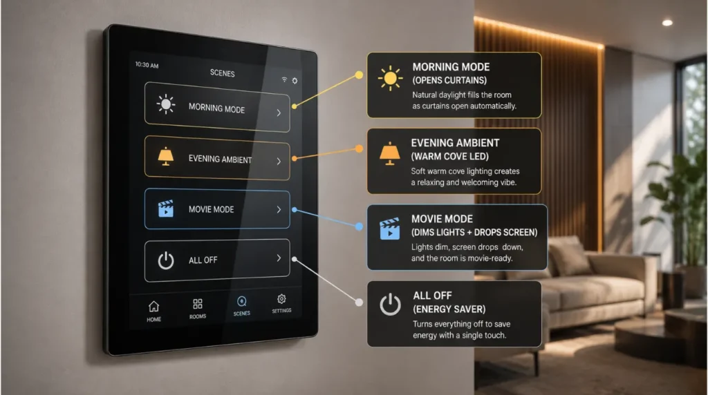 Centralized wall touchpad displaying scene callouts for home automation systems for Navi Mumbai