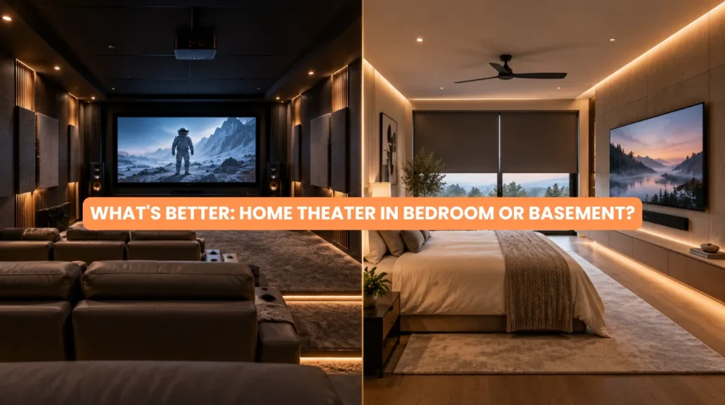 Split screen image comparing a dedicated basement cinema room with a cozy bedroom media setup for home theater in bedroom or basement