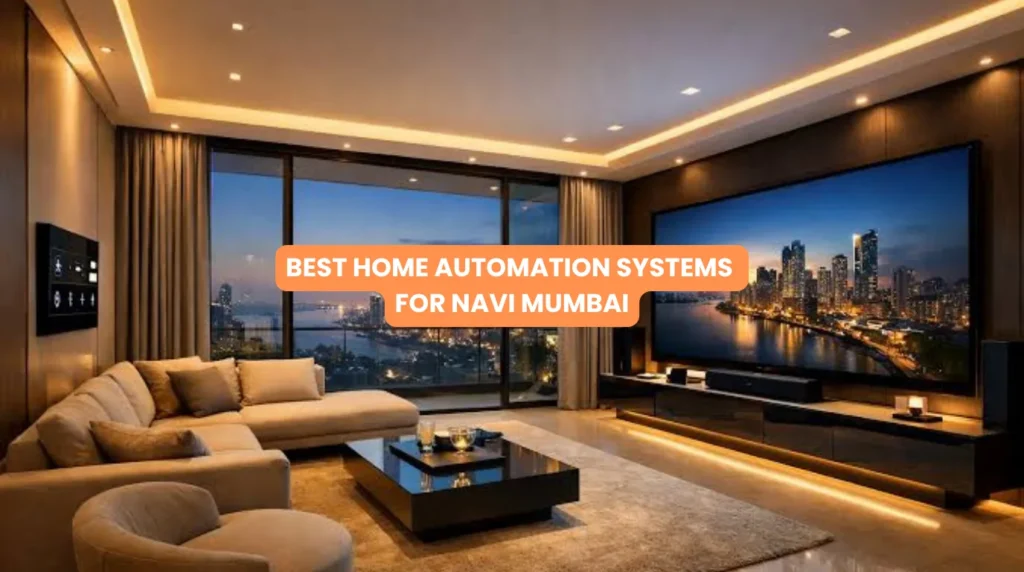 Automated luxury living room with smart touchpad lighting and motorized curtains showcasing home automation systems for Navi Mumbai