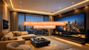 Automated luxury living room with smart touchpad lighting and motorized curtains showcasing home automation systems for Navi Mumbai