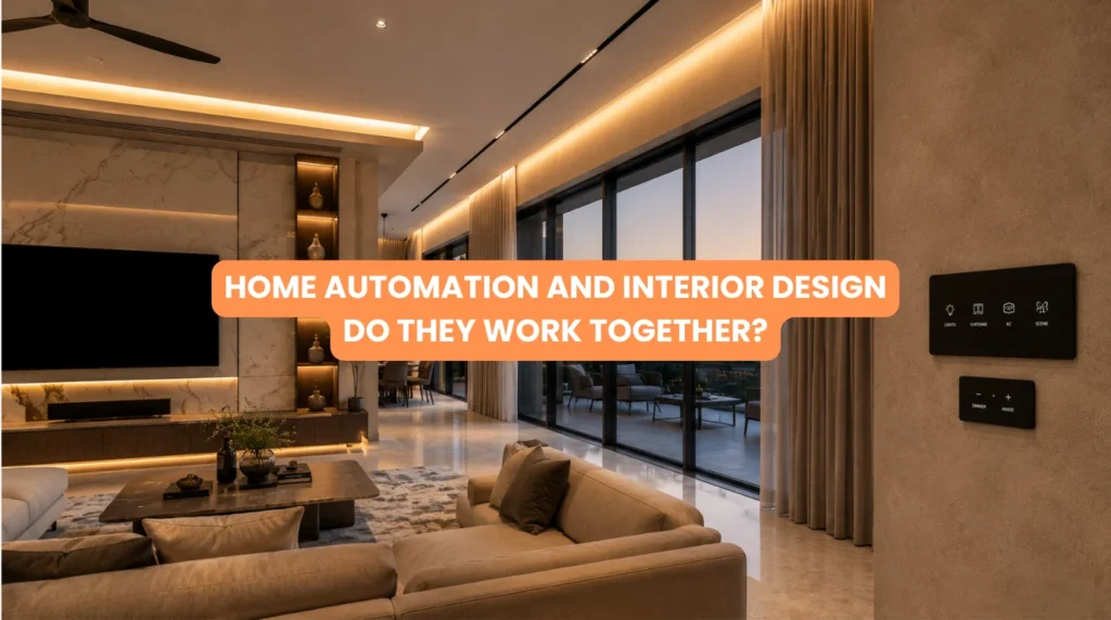 Elegantly designed luxury living room with hidden architectural lighting and motorized drapes showcasing home automation and interior design