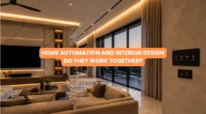 Elegantly designed luxury living room with hidden architectural lighting and motorized drapes showcasing home automation and interior design