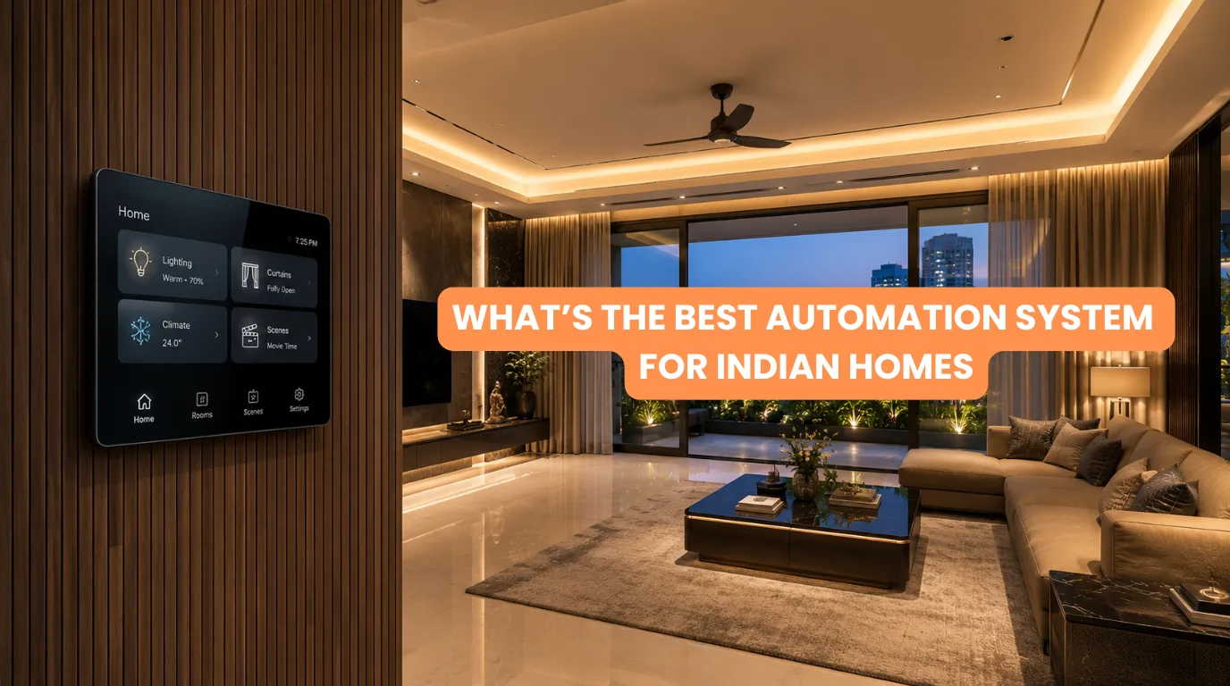 Modern Indian luxury villa living room with smart touch panel lighting and motorized drapes illustrating the best automation system for Indian homes