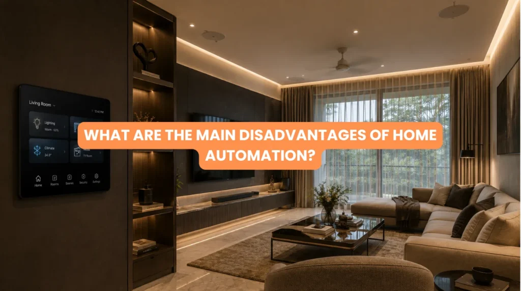 Modern automated living room with smart touchpad lighting and motorized curtains balancing the main disadvantages of home automation