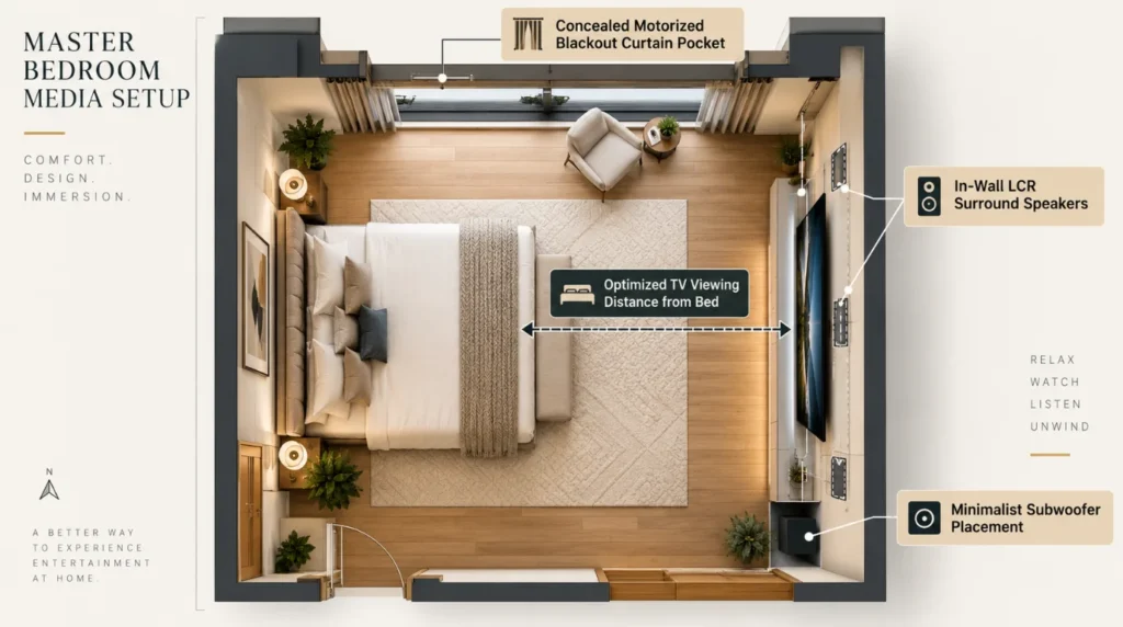 Top-down bedroom floor plan showing screen viewing distance and speaker placement for home theater in bedroom or basement