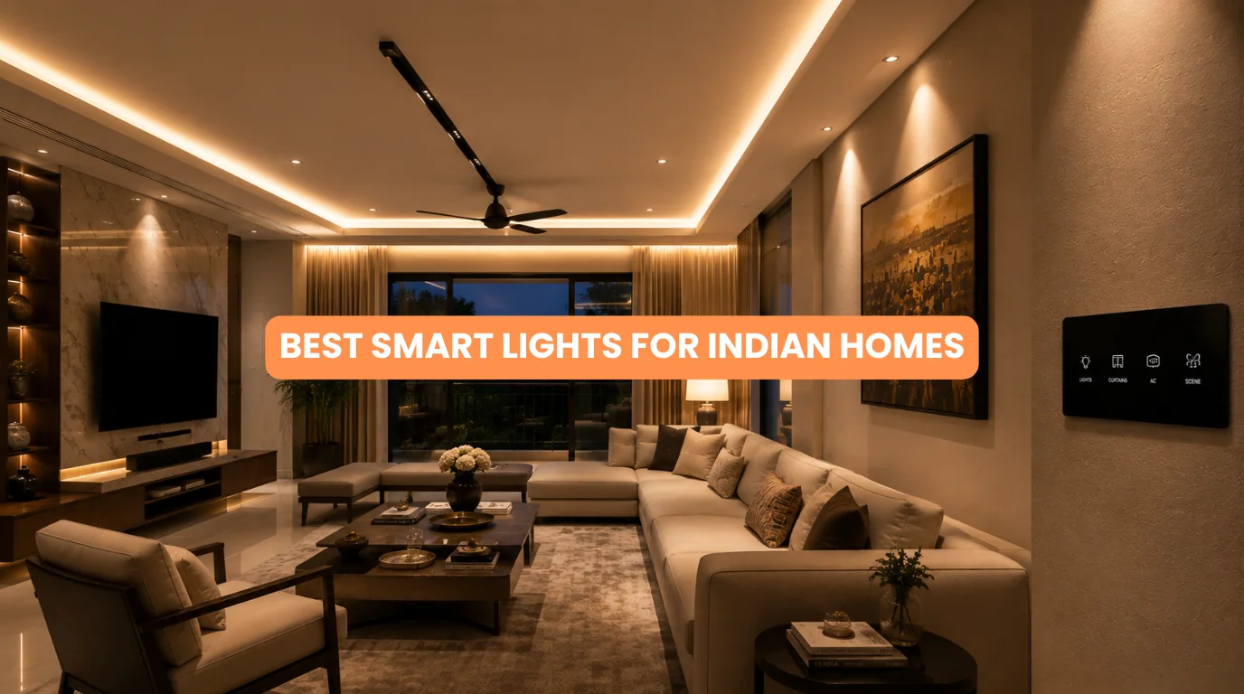 Elegantly illuminated apartment living room with warm cove lighting and downlights demonstrating smart lights for indian homes