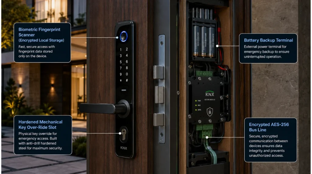 Detailed door hardware cutaway showing biometric encryption and physical key fallback to verify is home automation safe