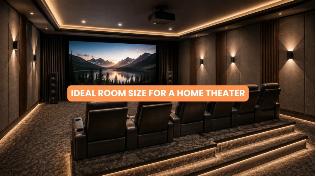 Luxury private cinema room with tiered seating and optimized projector layout showcasing the ideal room size for a home theater