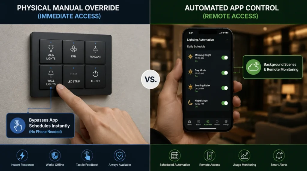 Side by side comparison graphic of immediate physical button control versus smartphone app interface for smart switches for manual override in India