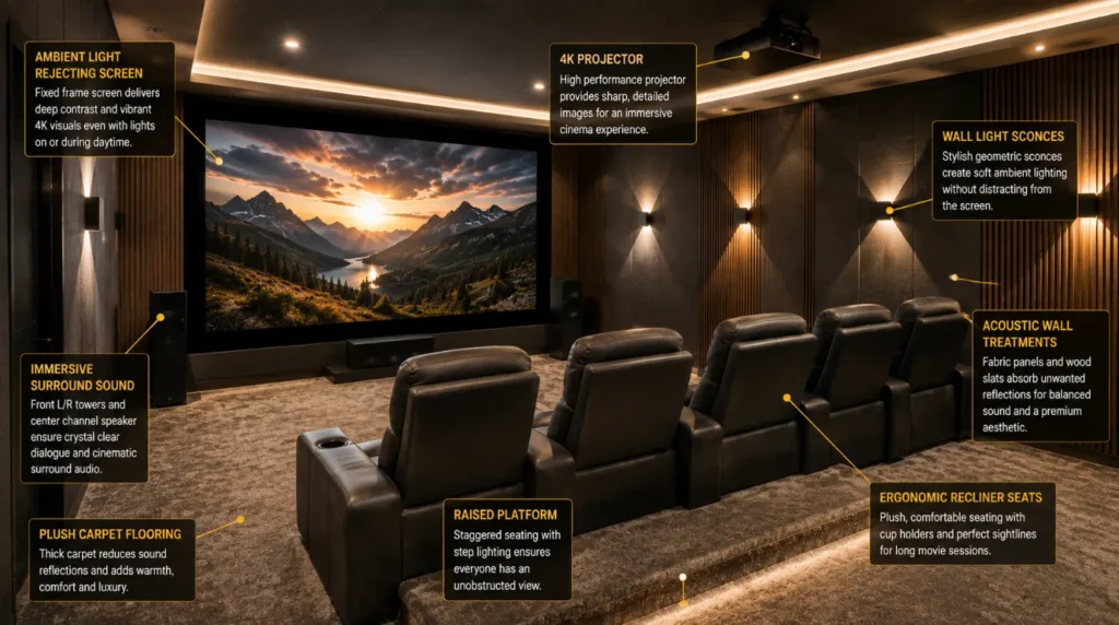 Balanced home cinema layout balancing equipment and design in the cost to build a dedicated home theater room