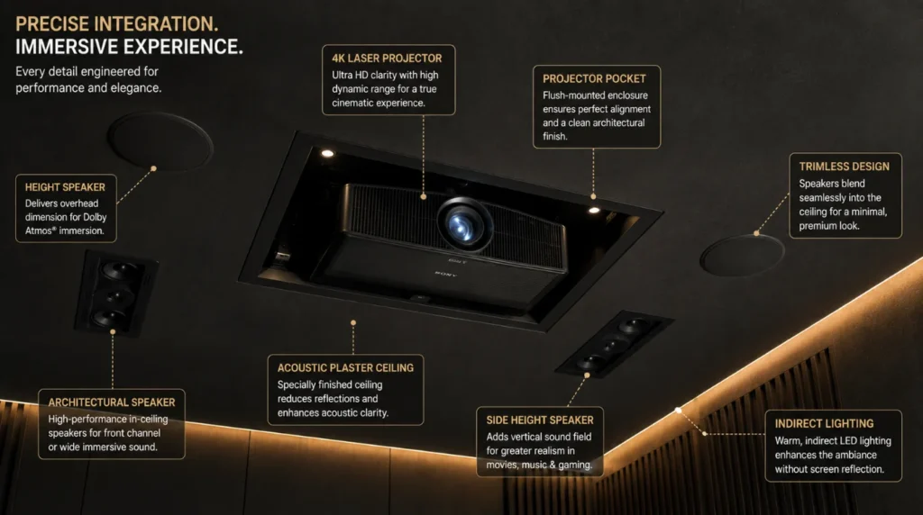 Ceiling mounted 4K projector and Dolby Atmos speakers representing key hardware in the cost to build a dedicated home theater room