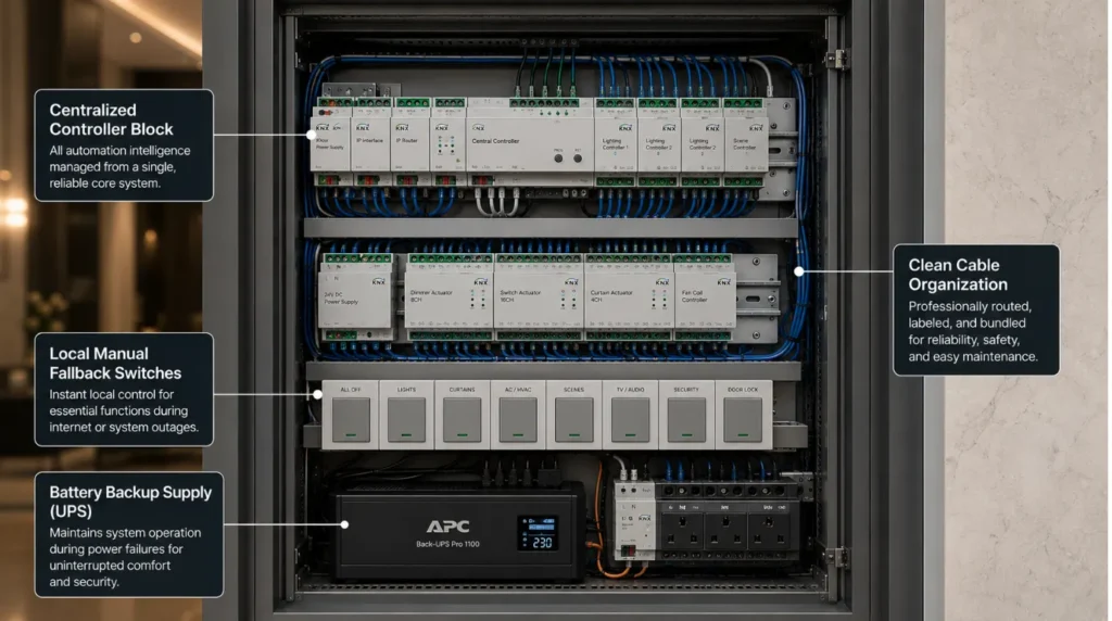 Organized distribution panel with physical switch fallbacks illustrating infrastructure that solves the main disadvantages of home automation
